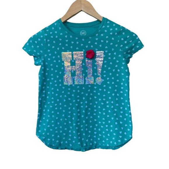 Girls 7-8 Turquoise Blue Heart Print Shiny Sequin Hi! Short Sleeve Tee Top Shirt - Picture 1 of 1